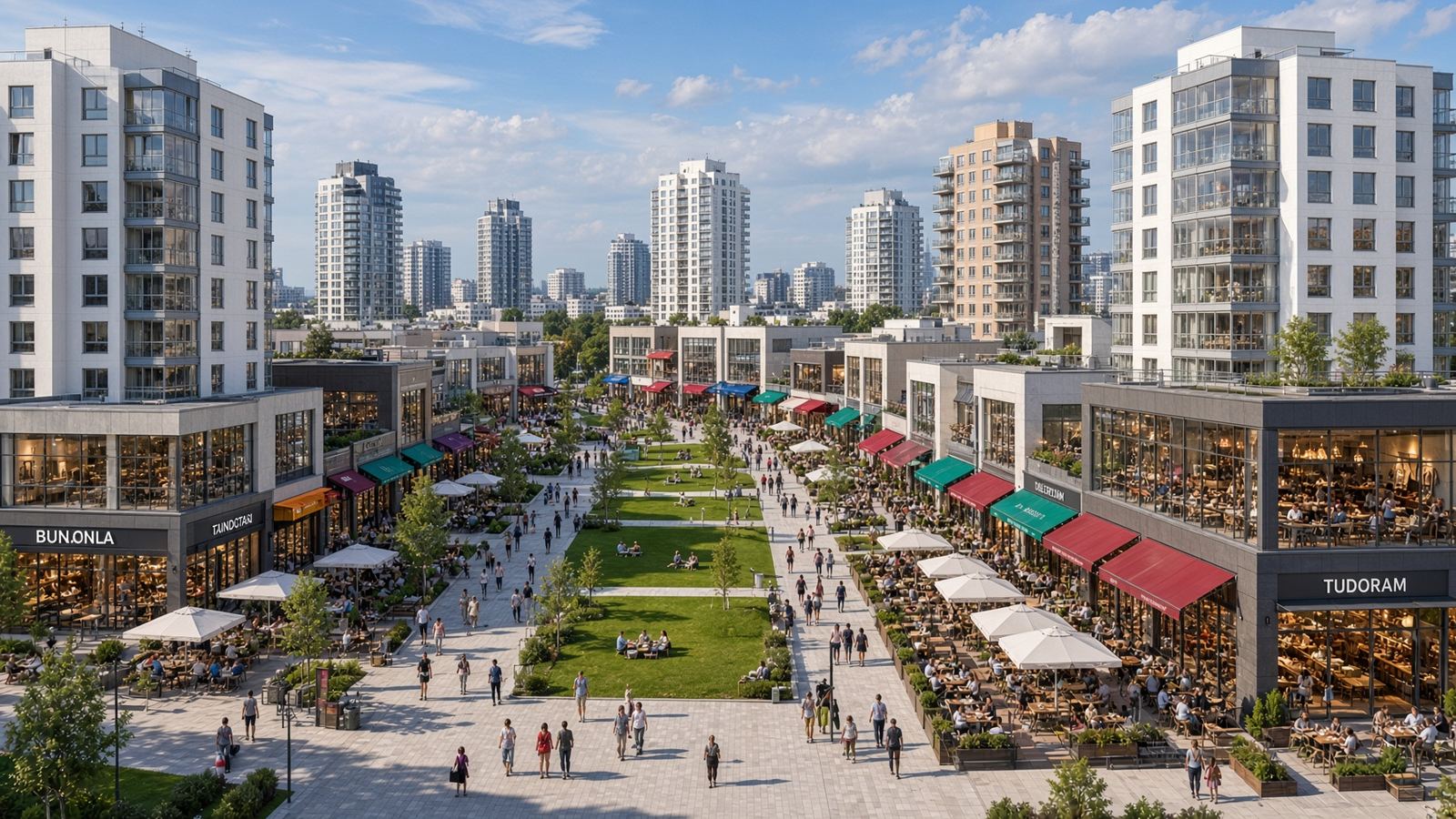 A sunny mixed-use apartment plaza with shops, trees and people walking